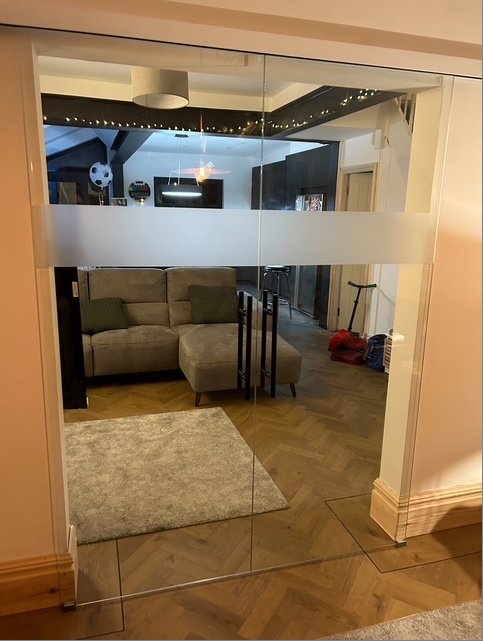 Glass doors with frosted strip